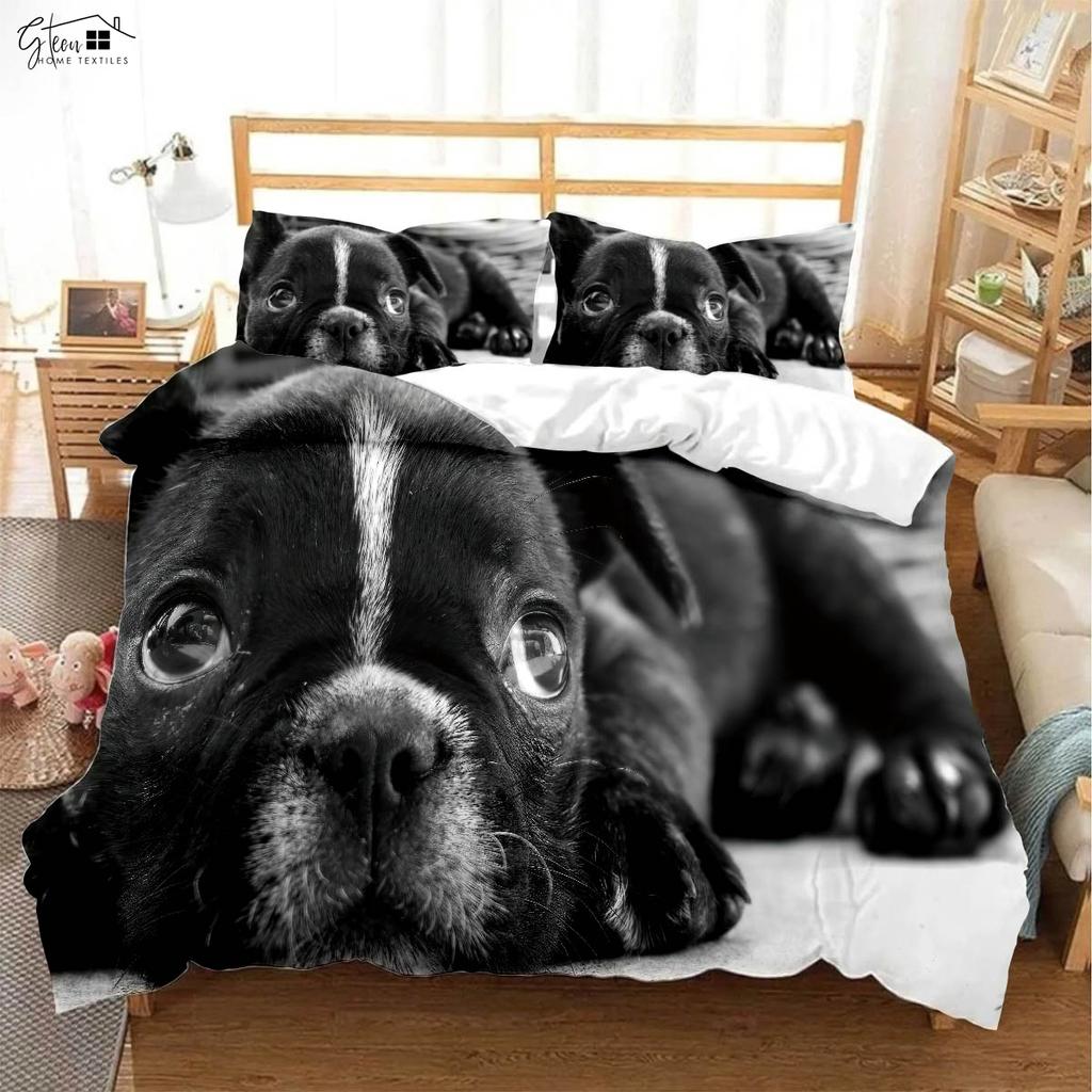 Funny Cartoon Dog Print Quilt Cover Kids Gift 100% Polyester Bedding Set Pillowcase Quilt Cover Three-Piece Set Machine Washable