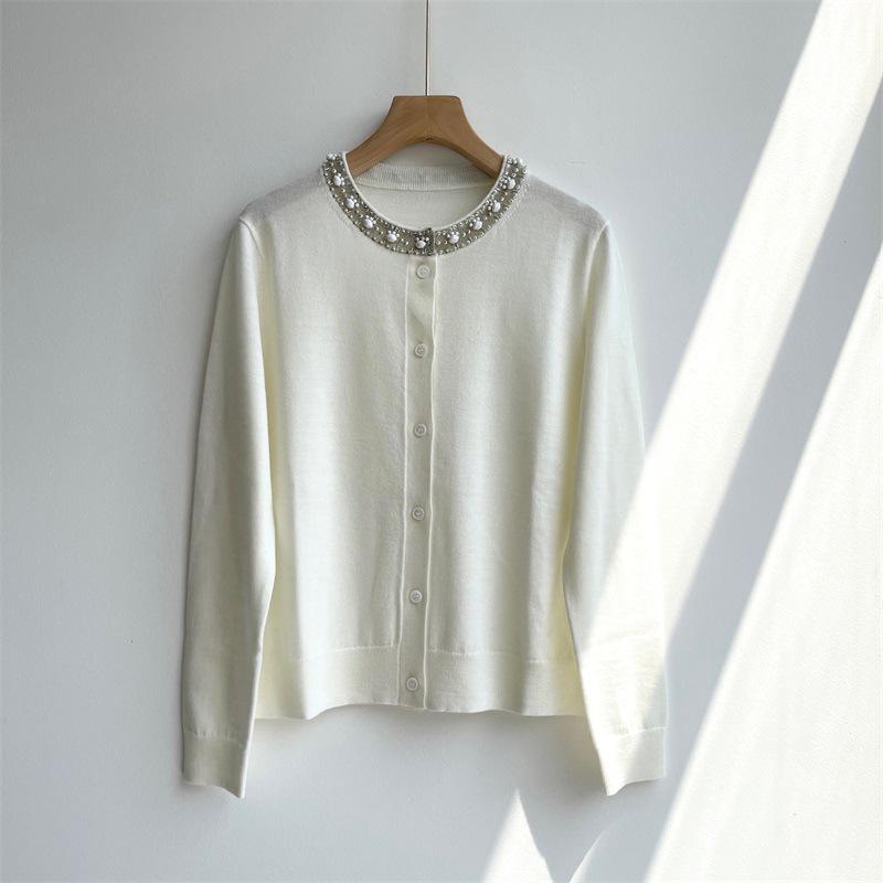Elegant Hua Lun Single-Breasted French Wool Cardigan - Thin Solid Color, Long Sleeve, Round Neck Sweater.
