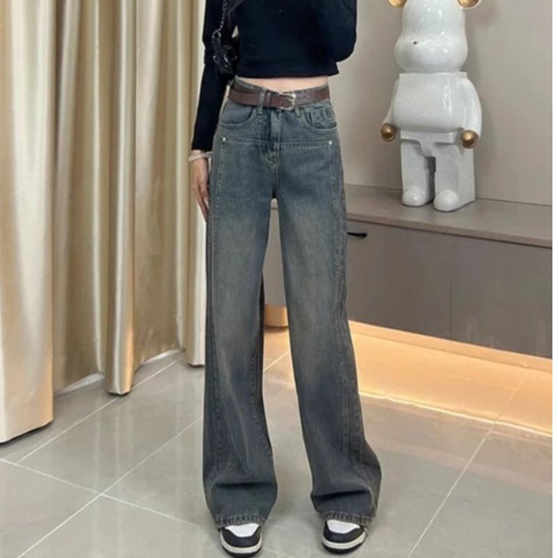 

Spring 2026 Women s High-Waisted Narrow Cut Wide-Leg Jeans, Cement Gray, Loose Straight Floor-Length, Draping, Slimming Fit. Large