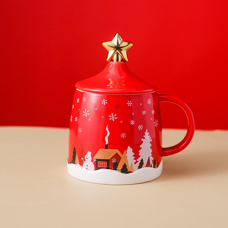 Weihnachtsgeschenk Tasse Keramik Cartoon Tasse Paar Tasse Wasserbecher Kaffeetasse mit Deckel Löffel