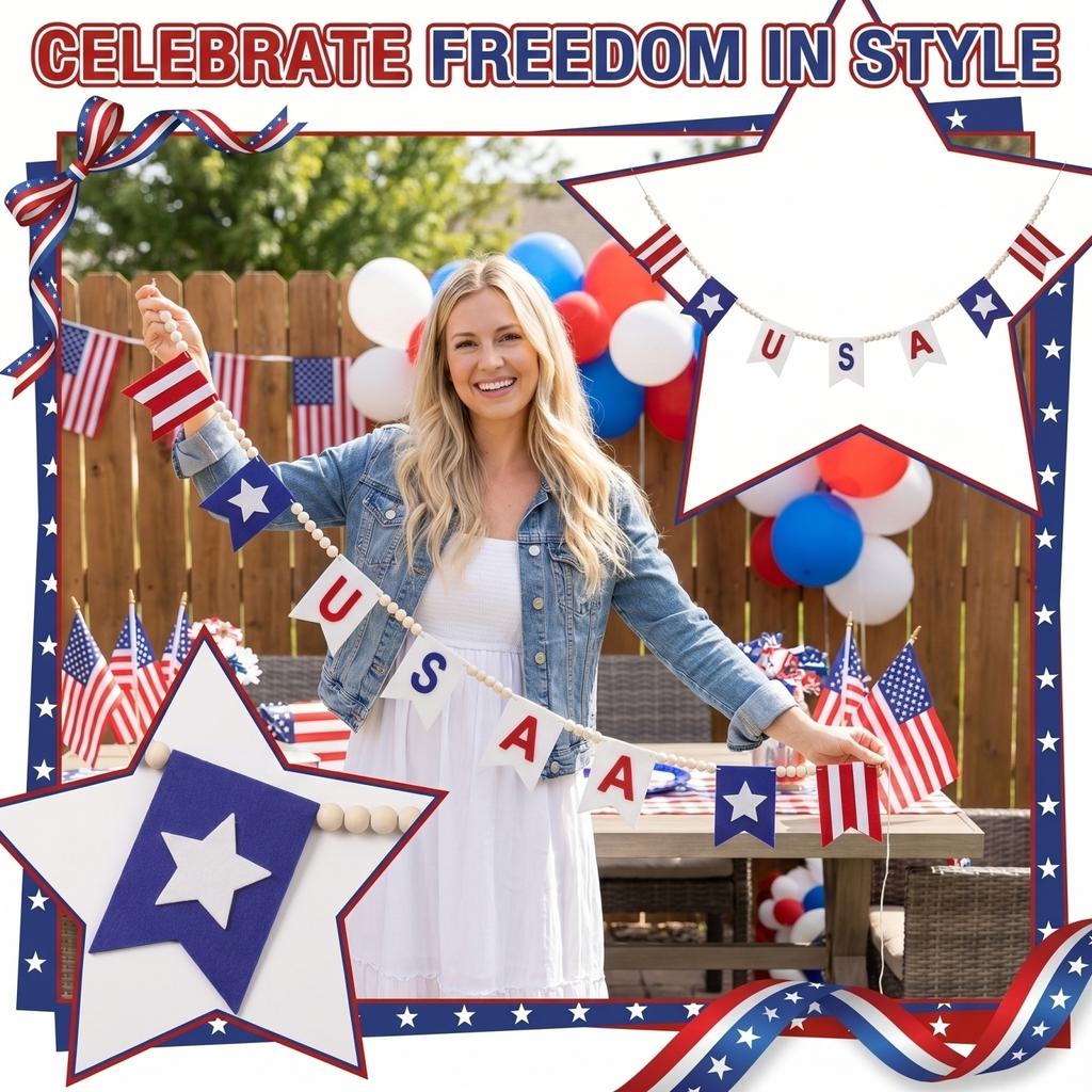 American Independence Day Red, And Blue Wreath Banner, Flag, Flag-themed Fireplace Wall Decorations, Party Props.