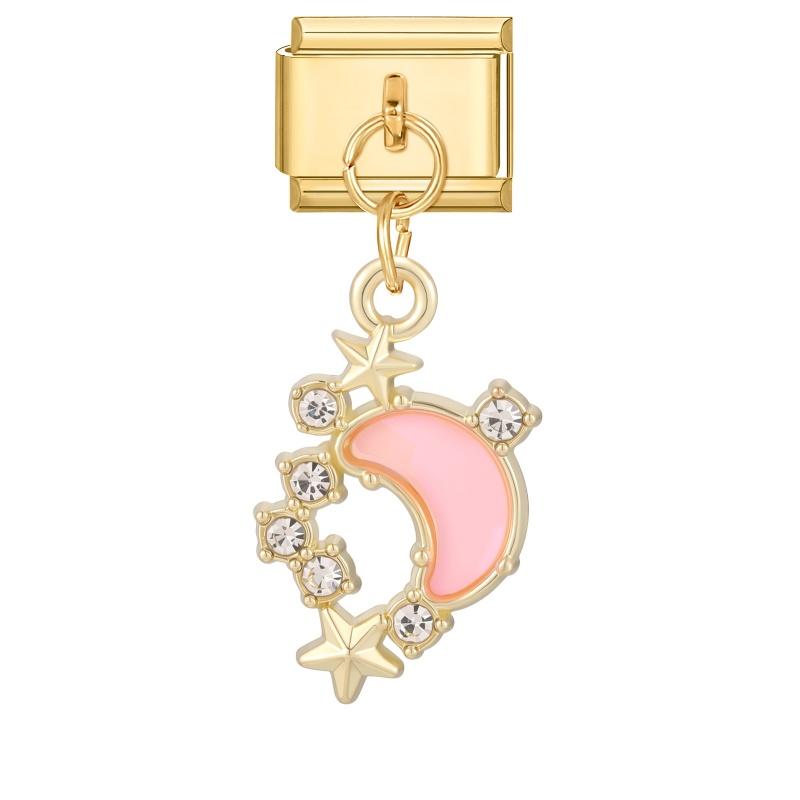 Zircon Star Moon Bow Knot Heart Gold Color Pendant Italian Charm Links Fit 9mm Stainless Steel Bracelet DIY Making for Men Women