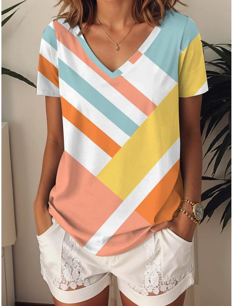 Women's T-Shirts Geometric Color Blocks Graphics Fashion Short Sleeved V-Neck Regular Tops Daily Prints Tee Summer Casual Tops