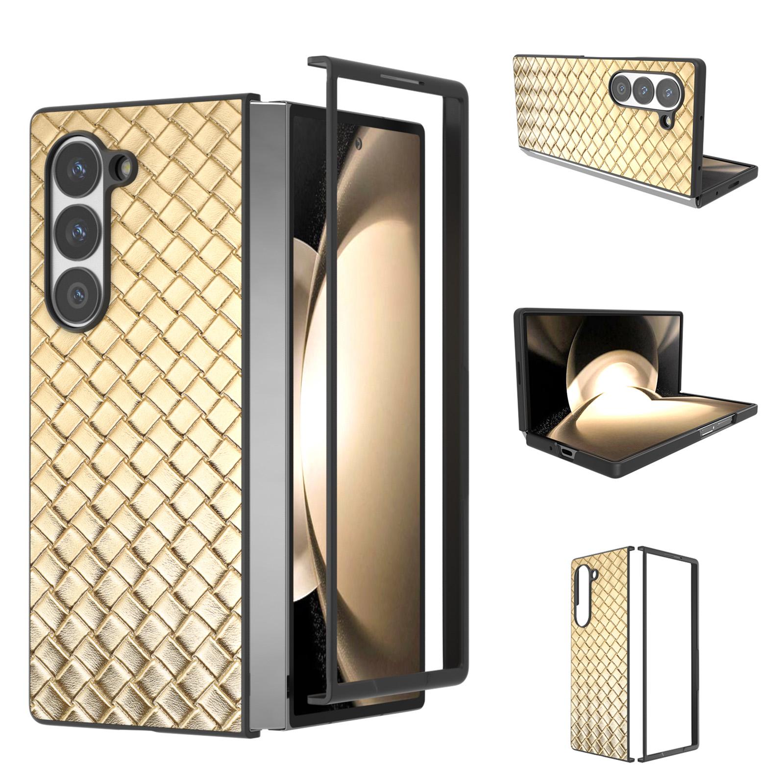 

For Samsung Galaxy Z Fold6 5G Case Woven Texture PU Leather Coated PC Phone Cover Gold