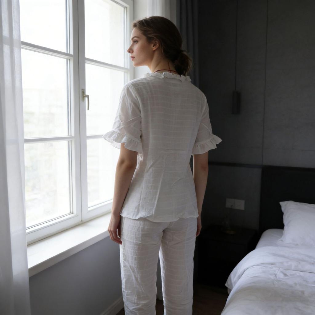 Sleepwear Women's Summer Lightweight Frilled Cardigan Short-sleeved Pants Set - Sweet and Loose, Suitable for Wearing Outside As A Home Outfit
