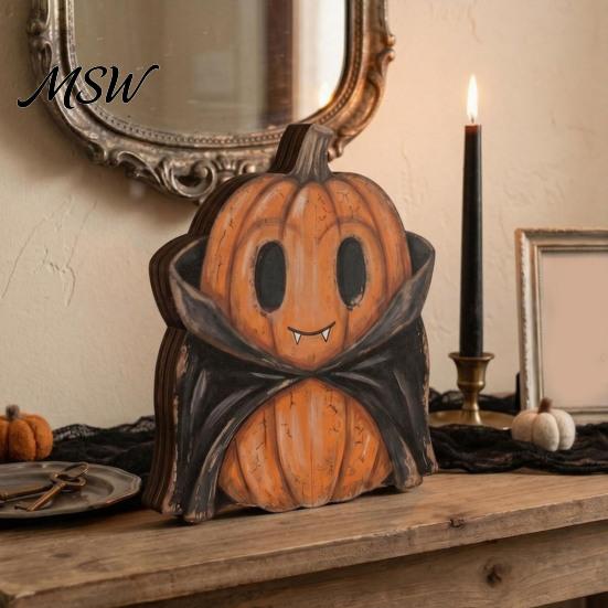 Three-dimensional Layered Painting Ornaments Halloween Wooden Ornaments, Distressed Pumpkin/Cat Decorations, Desktop & Wall Durable Wood Tabletop Art