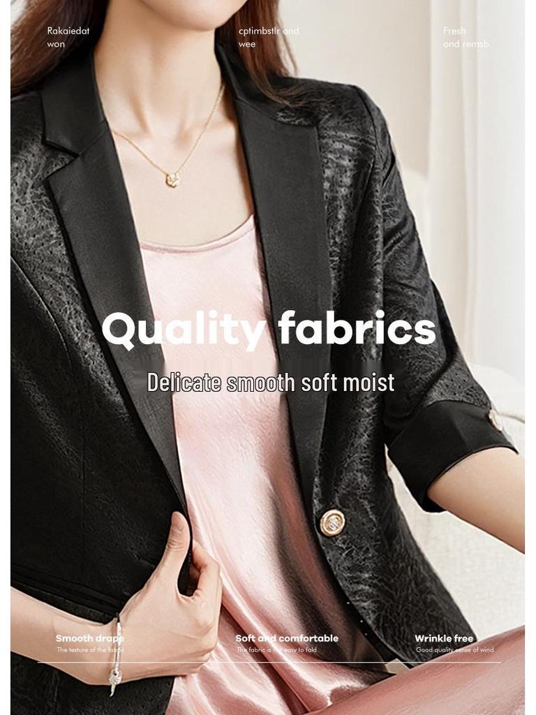 Women's Unique White Acetate Satin Blazer - Seven-Sleeve Short Design for Spring & Autumn