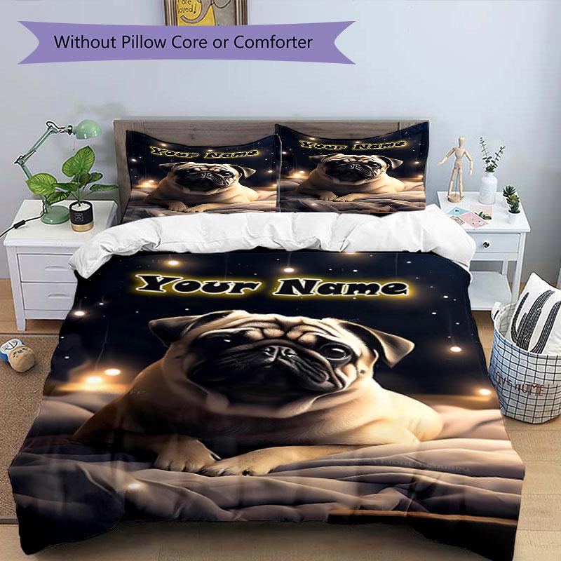 3pcs Custom Name "Starry Night Pug Dreams" Bedding Set Printed Bedding Set Duvet Cover Closure Includes 1 Duvet Cover & 2 Pillowcases Bedroom Decor