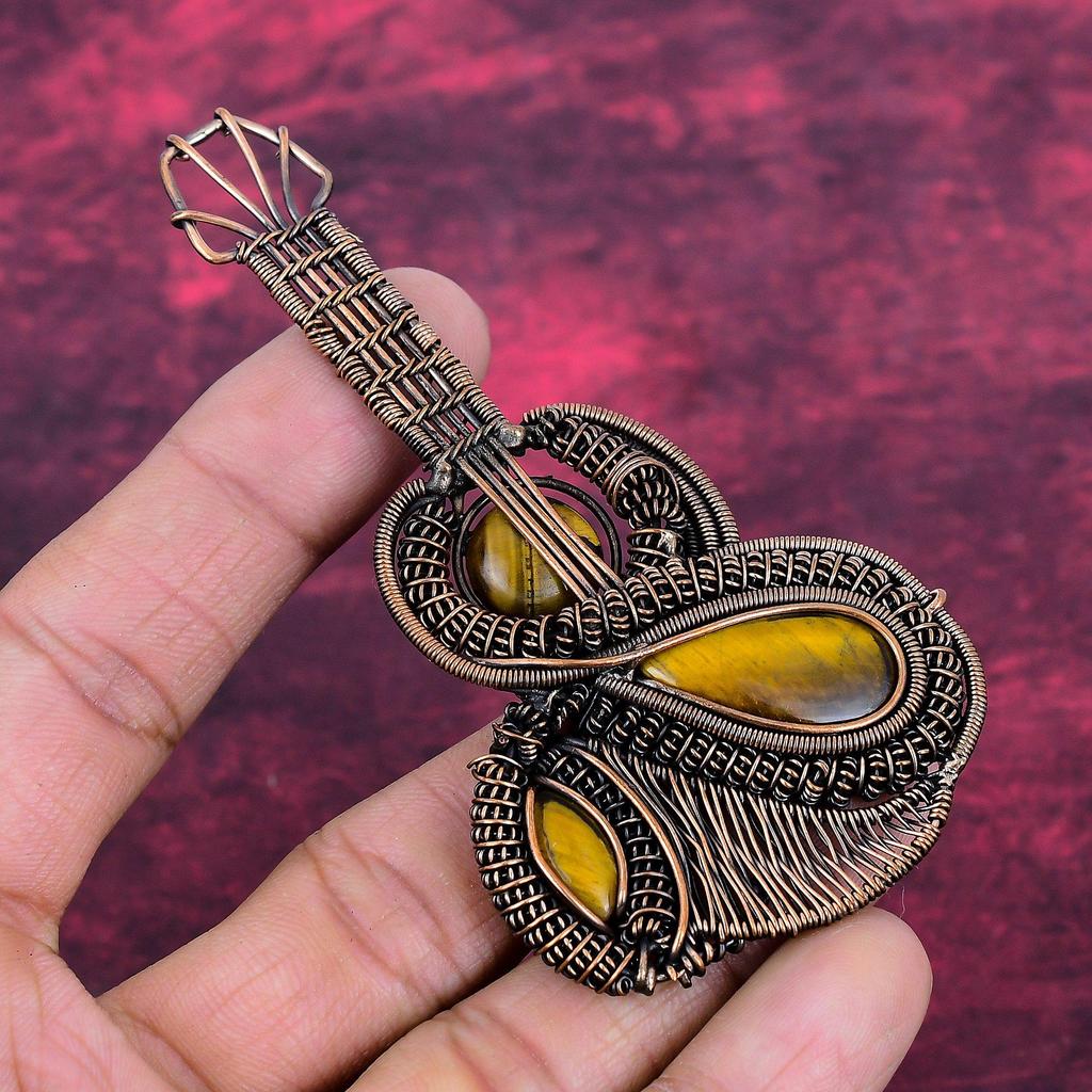 Tiger's Eye Gemstone Pendant Copper Wire Wrapped Jewelry Handmade Guitar Pendant