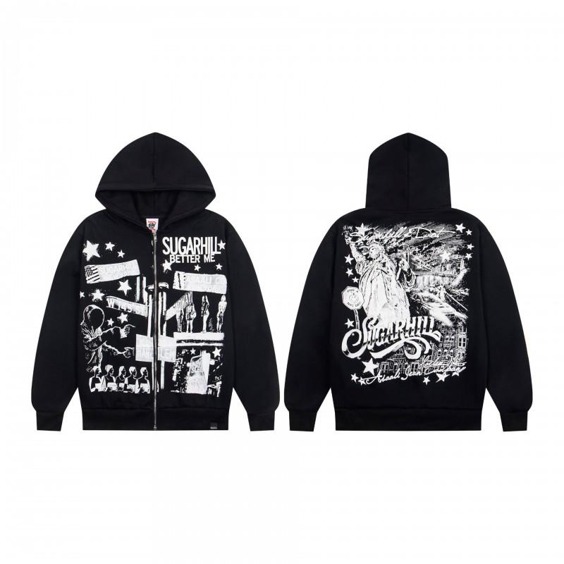 Vintage American Style Hooded Sweatshirt Set Loose Fit Winter Fleece Graphic Print Streetwear Youth