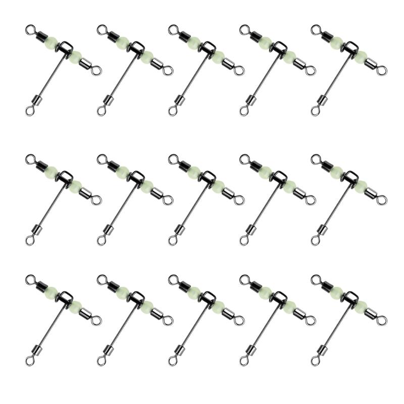15Pcs Swivels Barrels Rolling Swivels Fishing Tackle Rig Swivels 3 Way Swivels with Glow Beads