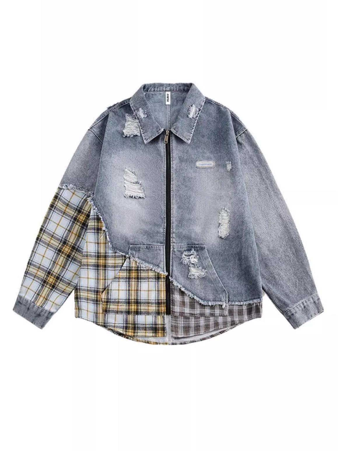 Мужская модная ретро джинсовая куртка в клетку, пэчворк, с эффектом потертости (2025) L синий