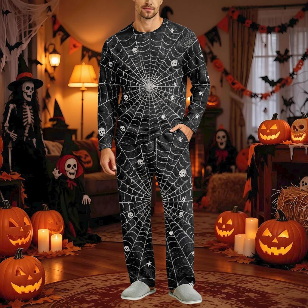 Men's Halloween Pajama Set Long Sleeve Long Pants with Crotch Buttons and Elastic Drawstring Waist