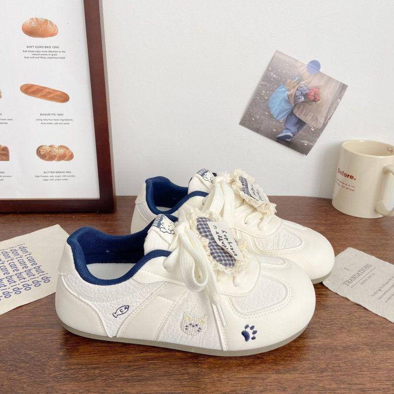 Women's Retro Bowknot White Casual Shoes - 2026 Spring/Summer Versatile Flat Bottom German Training Style