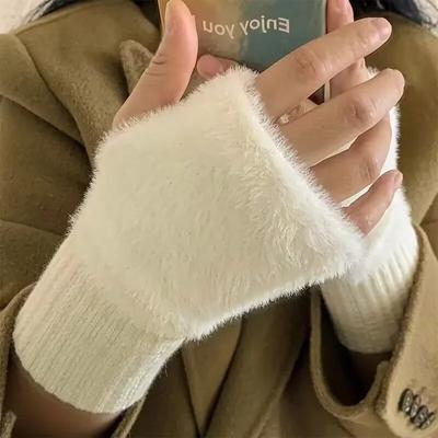 Fashion Winter TouchScreen Plush Warm Gloves Women's Men's Outdoor Warm Stretch Furry Mittens Wool Half Finger Fingerless
