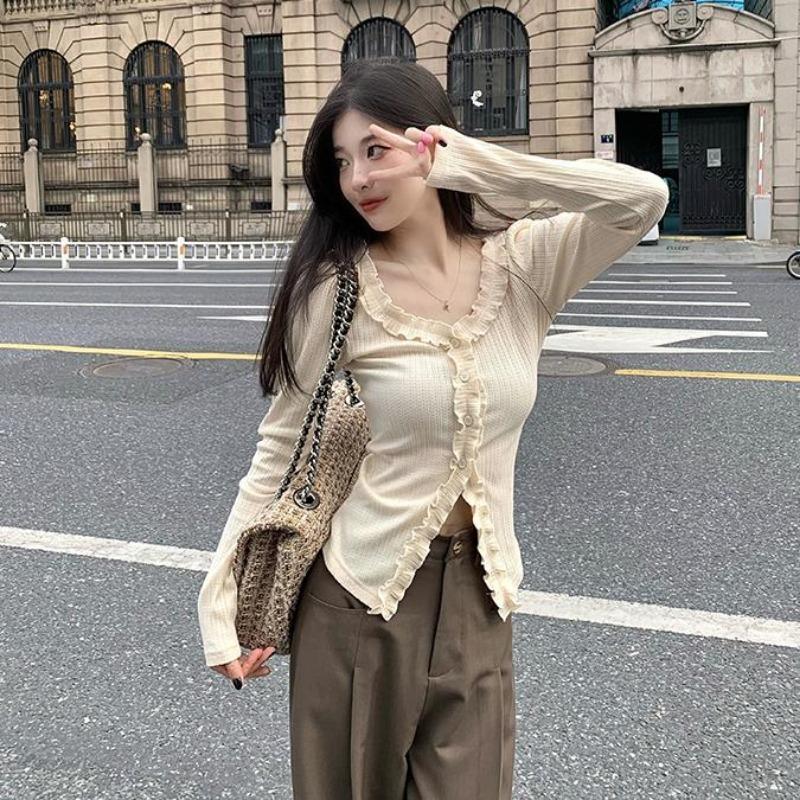 

2KWEIRD Однотонная футболка женская с длинным рукавом Харадзюку Абрикосовая с оборками на воротнике Кардиган Футболка Женская Y2k Облегающие женские топы L абрикосовый