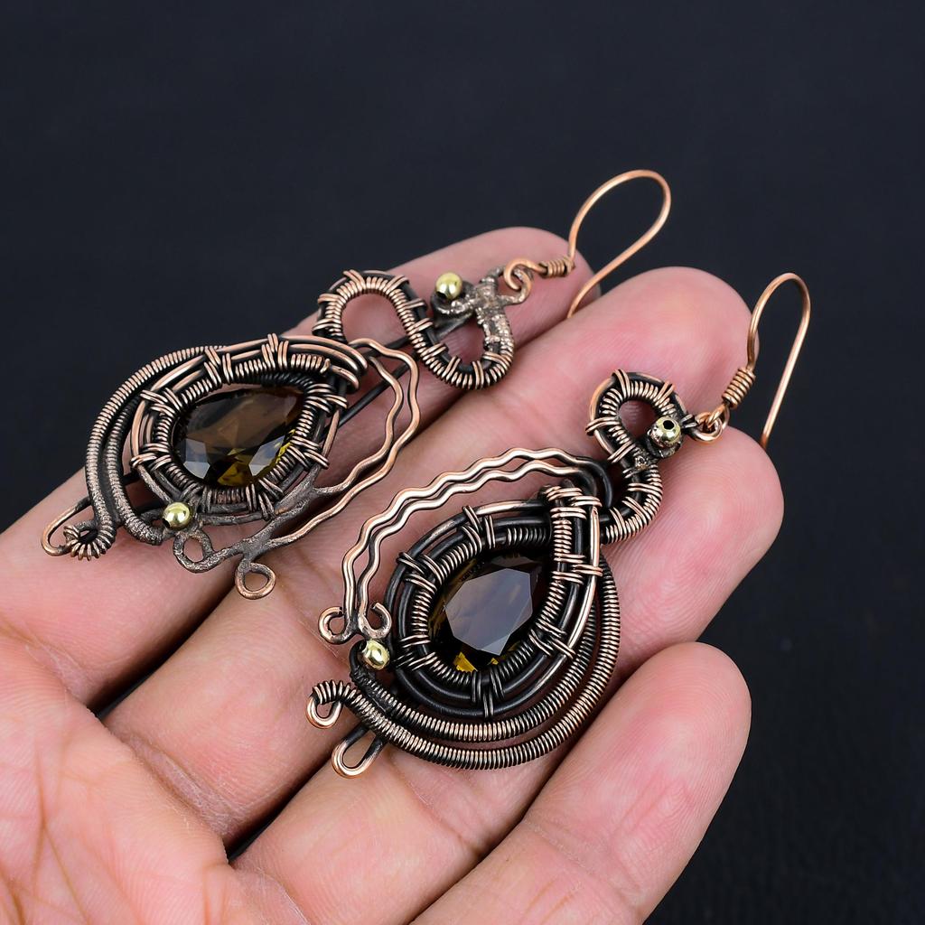 Smoky Topaz Earrings, 999 Copper Wire Wrapped Earrings, Handmade Gemstone Jewelry Earrings For Memorial Day
