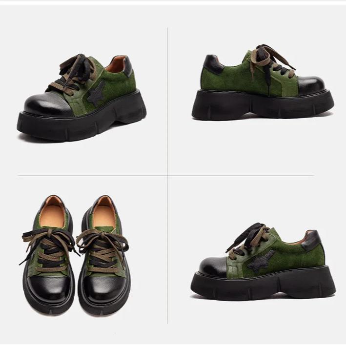 Johnature Genuine Leather Pumps Thick Soled Round Toe Mixed Colors Lace-up Fashion Versatile Women's Shoes