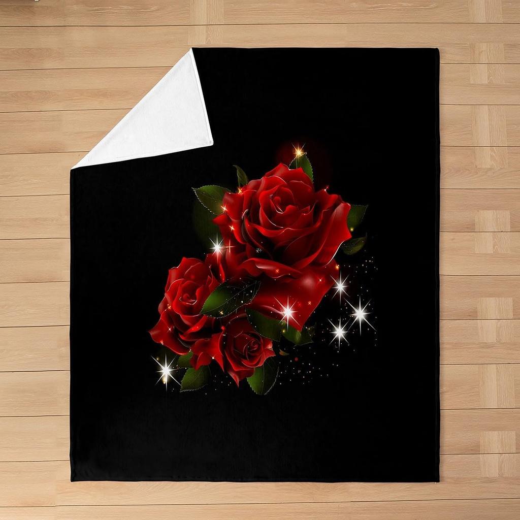 Red Roses Water Droplets Flannel Throw Blanket Valentine's Day Gift for Girls Women King Queen Size for Couch Sofa Living Room