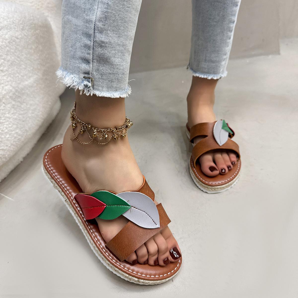 

2025 лето новые листья крест повседневные тапочки нескользящие и износостойкие тапочки с открытым носком удобные и универсальные пляжные тапочки 43 коричневый