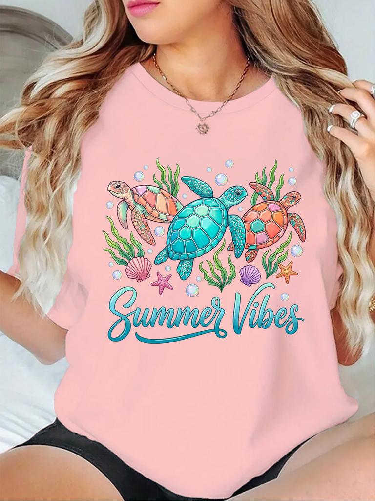 Colorful Sea Turtles Seashell Starfish Summer Vibes Ocean Graphic Womens T Shirt Short Sleeve Crew Neck Casual Ladies Tee Tops