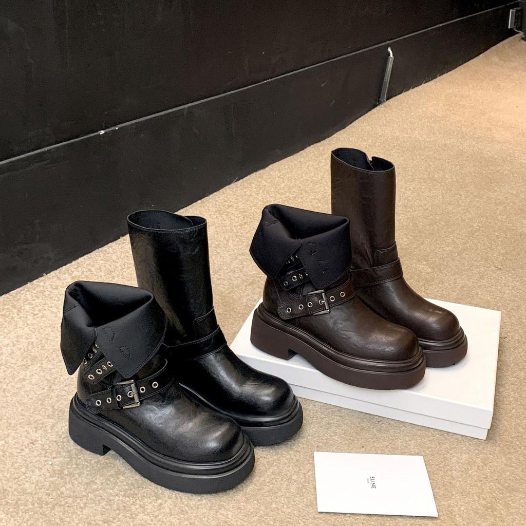 Maillard platform boots women's European and American style knight boots metal buckle round head black leather medium boots
