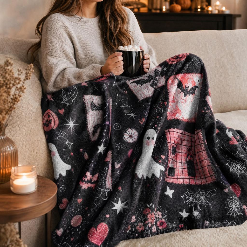 Halloween Plaid Flannel Throw Blanket with Single-Sided Print, Cozy for Couch and Bed