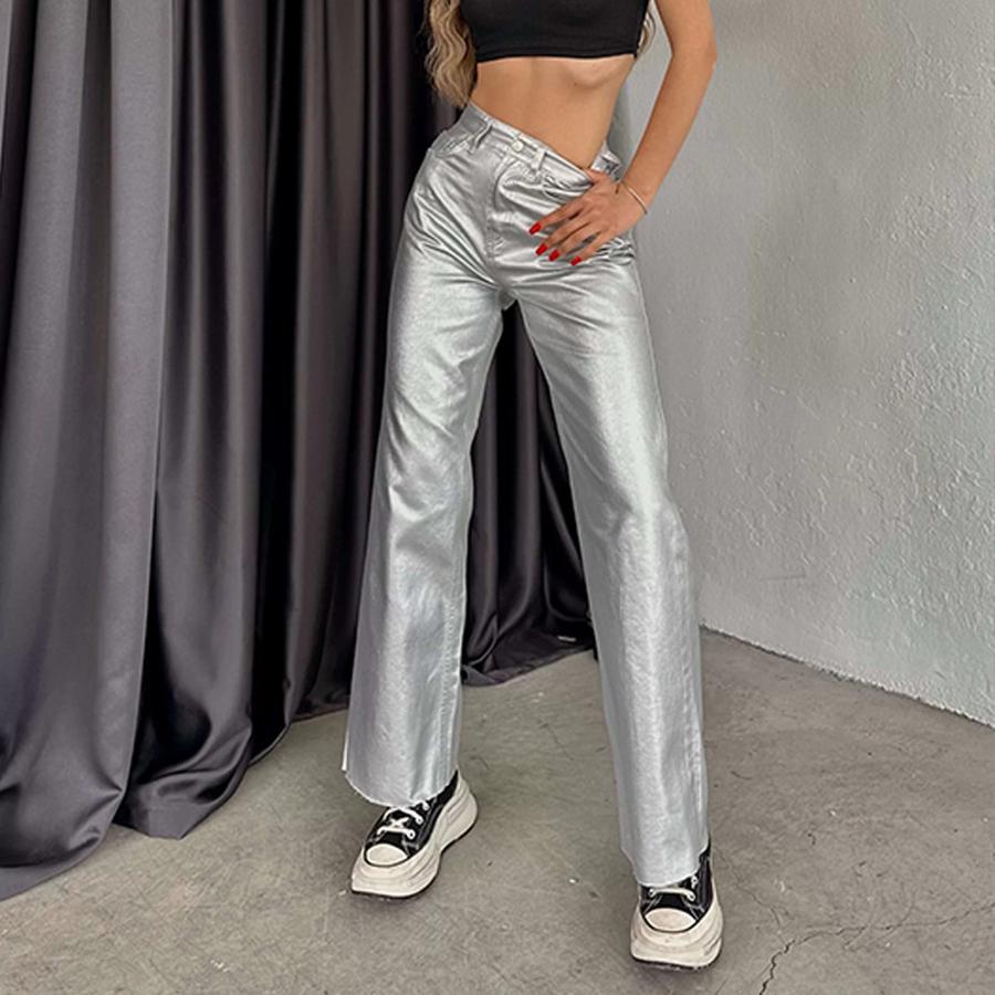 Spring/Autumn Pocket Loose Wide Leg Retro Straight Leg Gold Silver Pants Women's Trousers