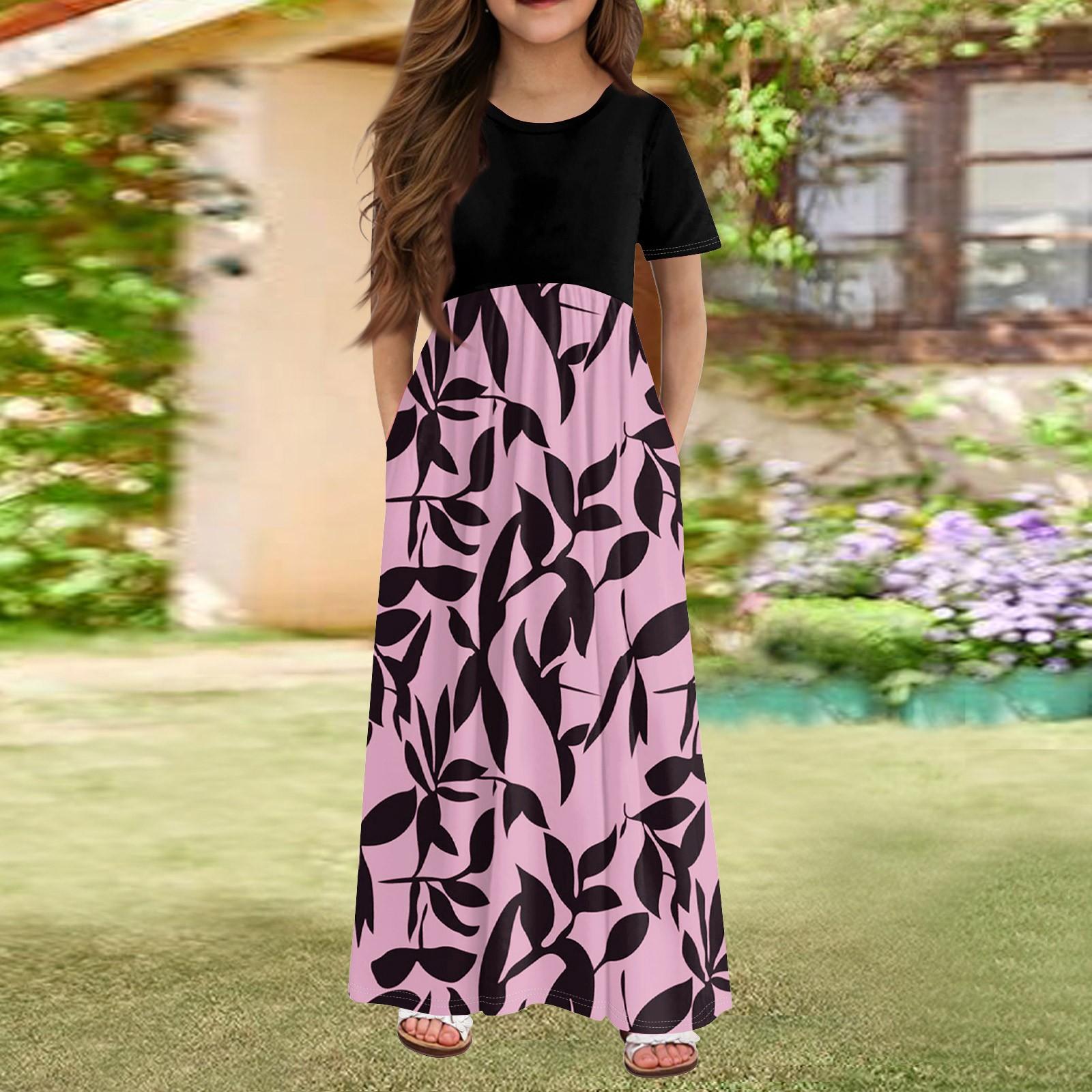 

Длинное летнее платье для девочек - платье макси с короткими рукавами и карманами для детей 4-14 лет 140 розовый