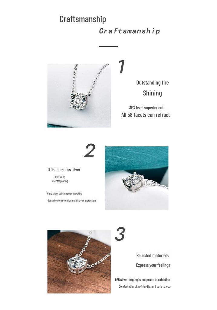 Moissanite Classic Four-Prong Necklace: Simple S925 Sterling Silver Pendant for Women, Japanese & Korean Inspired Light Luxury Style.