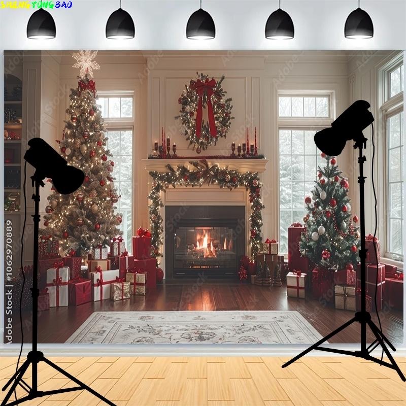Fireplace Christmas Day Wreach Window Photography Backdrops New Year Living Room Portrait Holiday Party Photo Background DD-17