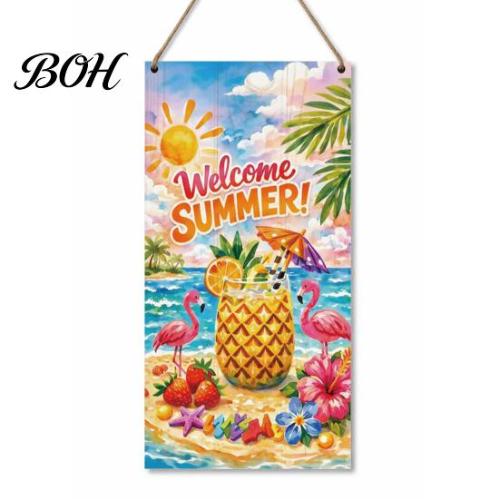 Farmhouse Wall Art Summer Wooden Hanging Sign, Welcome Sign Front Door Decor with Floral Pattern Rope, Colorful Hanger for Seasonal Beach House