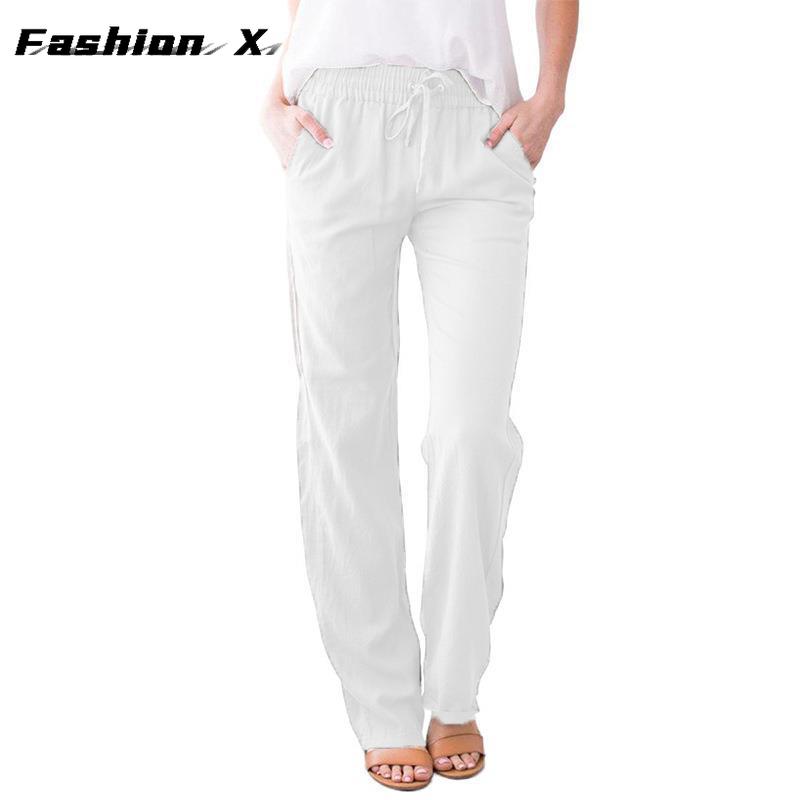 Pantaloni da donna larghi a gamba larga tinta unita cotone lino coulisse pantaloni casual