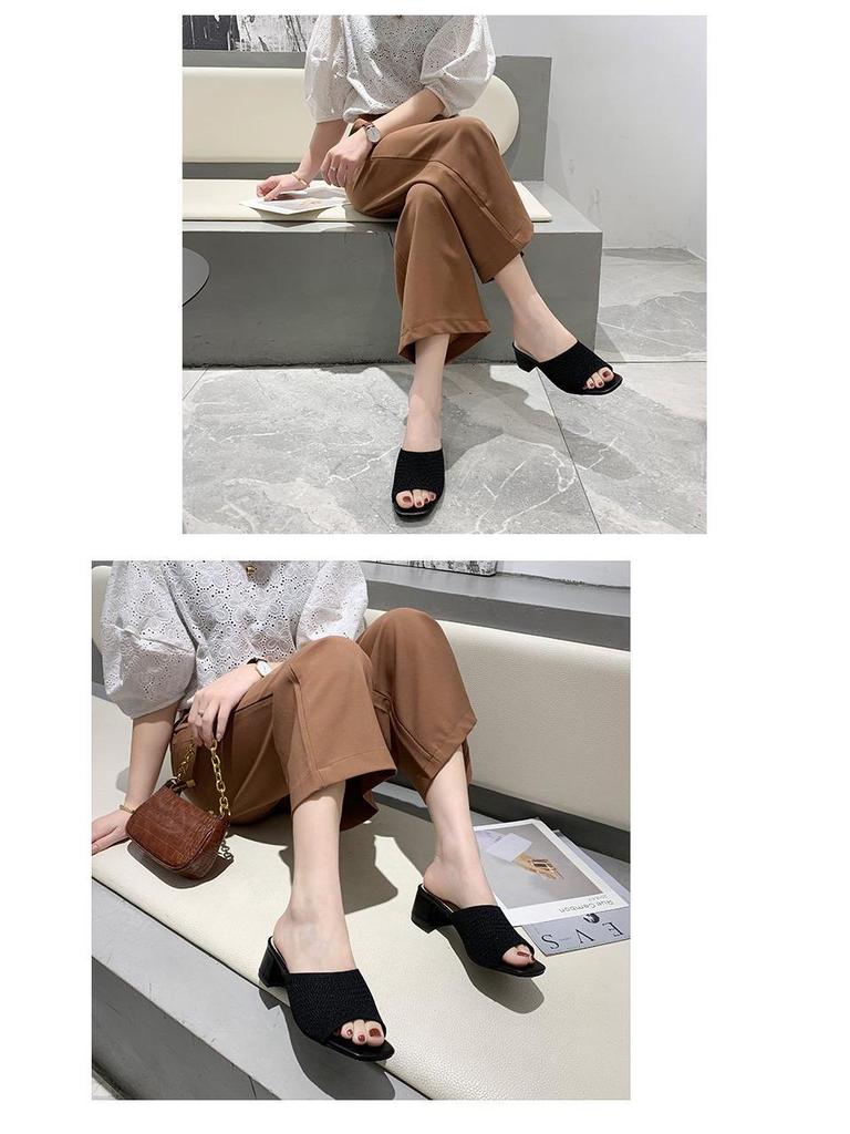 Women's Summer Fly-Knit Mid-Heel Slide Sandals in Korean Style
