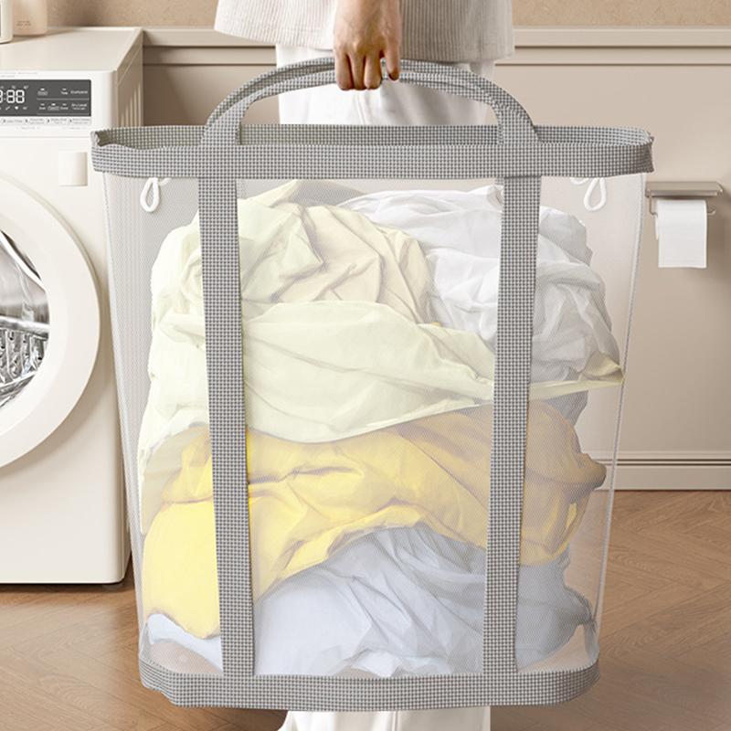Nylon Mesh Laundry Basket With Handle Breathable Folding Portable Dirty Clothes Organizer Bags Large Capacity Toys Storage Bag