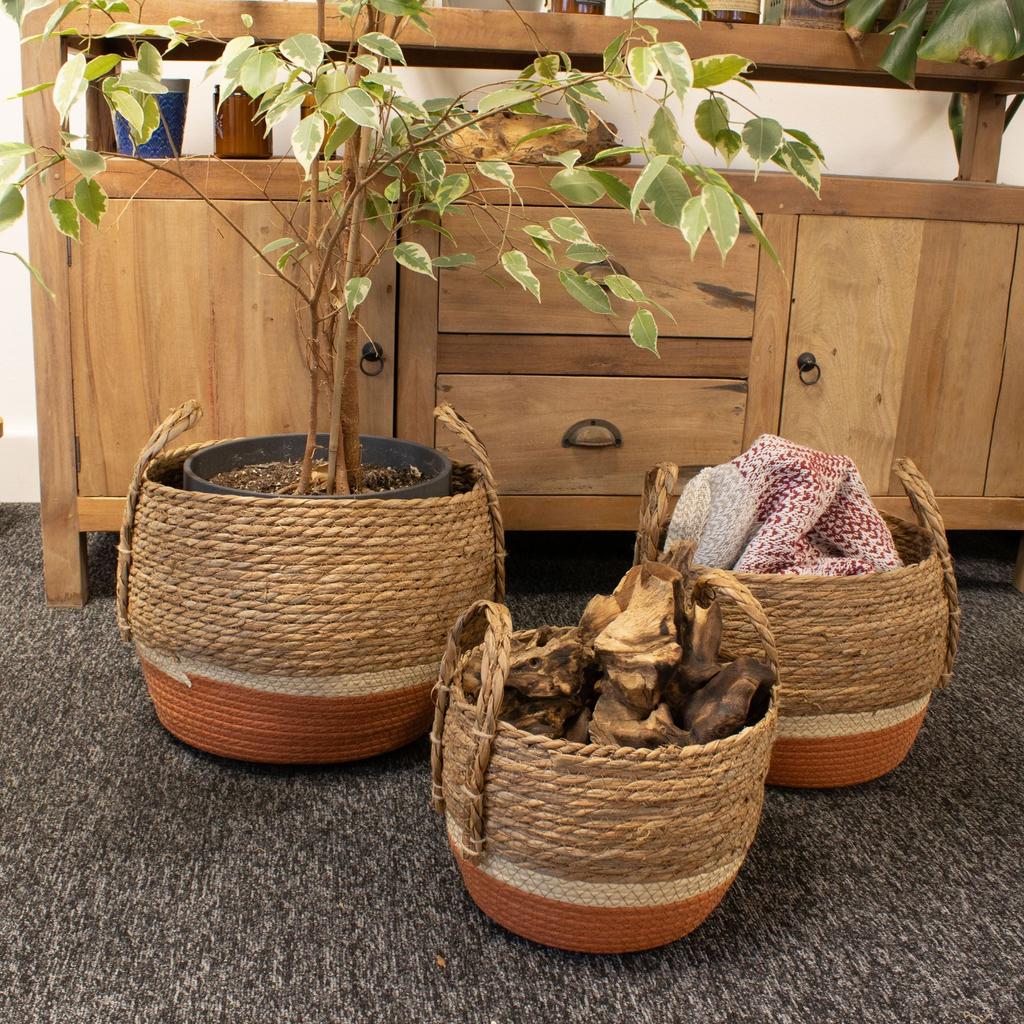Straw & Seagrass Large Baskets – Natural & Orange- Set of 3