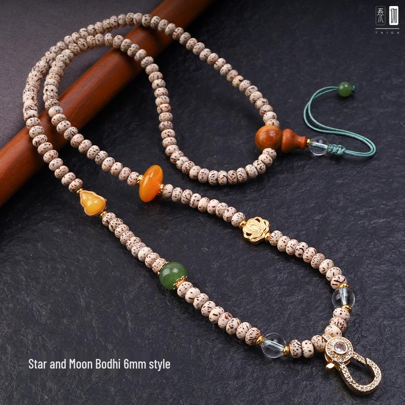 Thailand Amulet Necklace with Diamond Inlaid Bodhi, Star Moon Design, Quick Release Buckle, Thangka, and Emerald Jade Pendant