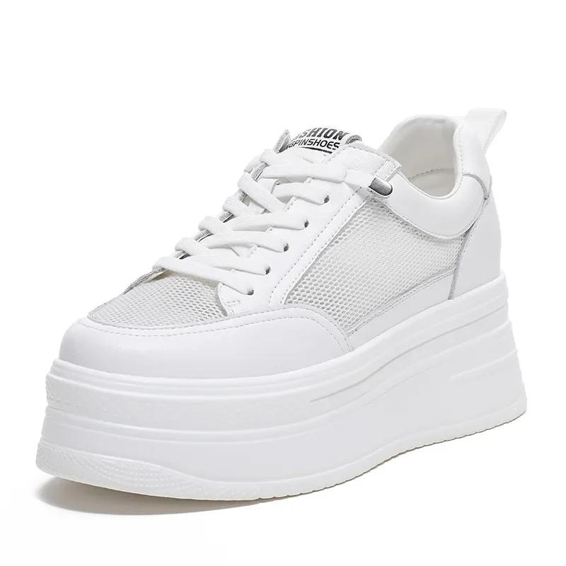 

Fashion 8cm Genuine Leather Women Casual Shoes Chunky Sneakers Platform Wedge Hidden Heel Women Leisure Shoes Spring Autumn White 34