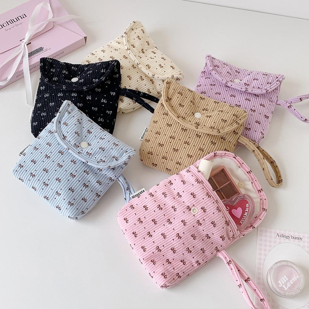 Cosmetic Organizer Bag Warm Corduroy Makeup Bag Women Cosmetic Case Versatile Bow Sanitary Napkin Pouch For Daily Use School
