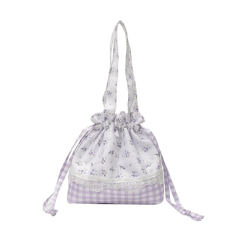 2025 new floral plaid drawstring shoulder bag student Korean version handbag large capacity portable ins commuter bag