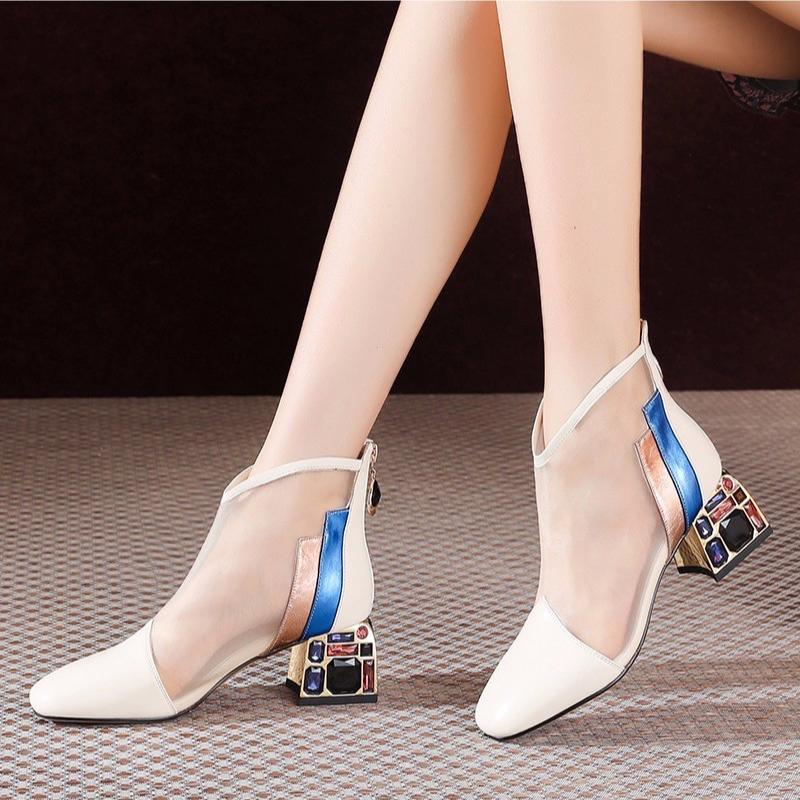 Fashion Summer Womens Boots Luxury Rhinestone Casual Ankle Boots Mesh Cool Boots for Women Thick Heel Sandals Sexy Pointed Toe Sandalias