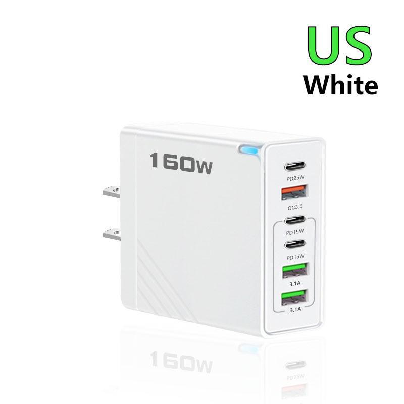160W Multi-Port Fast Charger: 3 USB + 3 Type-C, EU/UK Plug, Compatible with Apple, Huawei, Xiaomi