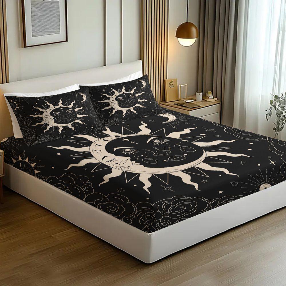 Celestial Sun and Moon Fitted Sheet Set Mystical Black and White Bed Sheets Set Starry Sky Bedding Set Soft Microfiber Bed Cover