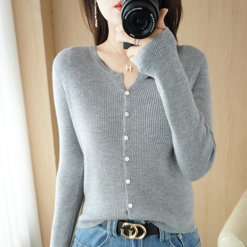 

Весенне-осенний тонкий кардиган с V-образным вырезом, женский новый облегающий свитер, корейская версия, универсальная куртка, длинный рукав XL серый