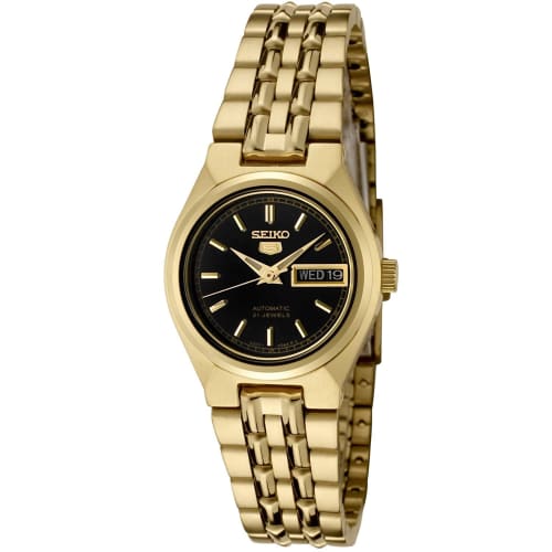 

Seiko Women s 5 Automatic Watch, Black Dial, Gold-Tone Stainless Steel, SYMA06K1