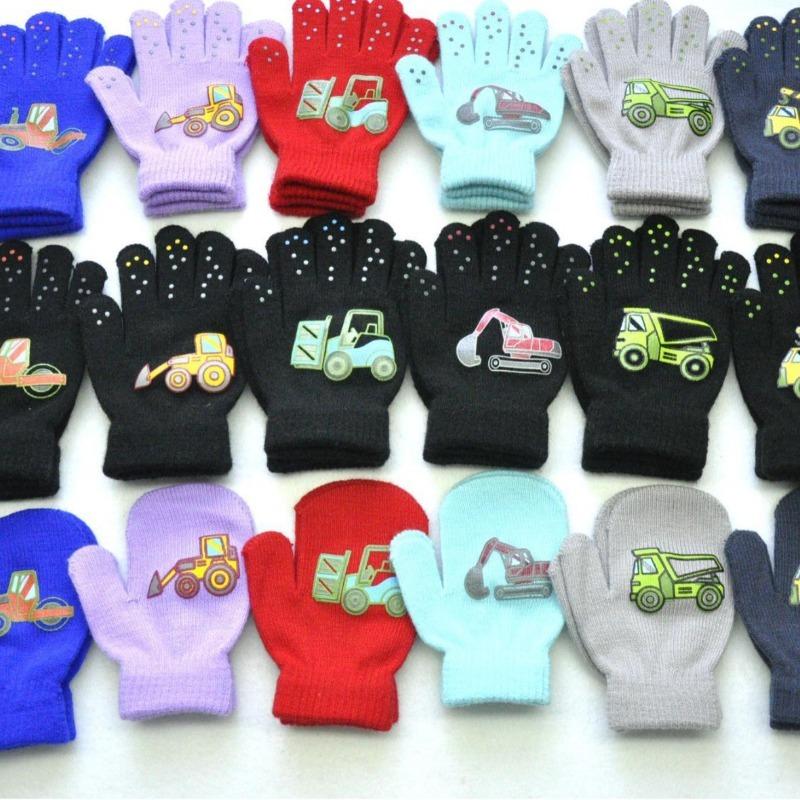 Gants tricotés d'hiver pour enfants de 1 à 4 ans Mitaines chaudes et mignonnes à motif de camion de construction Laine Gants de cyclisme pour enfants