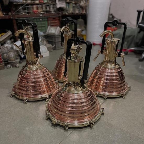 Nautical Copper Brass Pendant Light Large Industrial Marine Ship Lamp, Coastal Ceiling Fixture, Retro Maritime Lighting Set Of 4