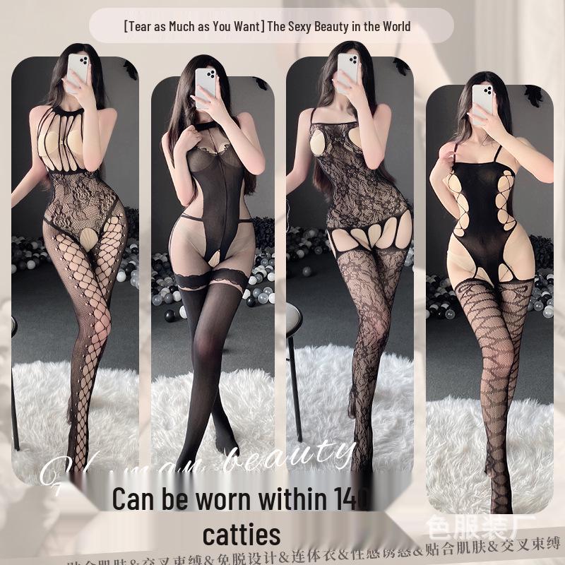 Linlinting Plus Size Sexy See-through Cutout Bodysuit with Open Crotch Stockings Set