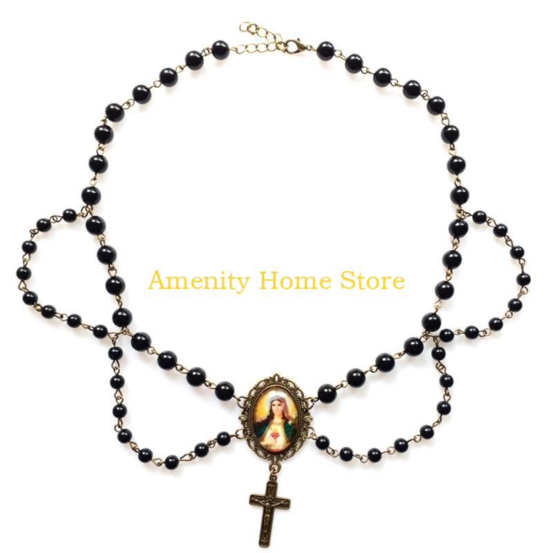 F26C Crystal Beads Rosary Catholic Necklace Miraculous Medal & Crucifix Pendant Catholic Necklace Chain for Women Girl Teen