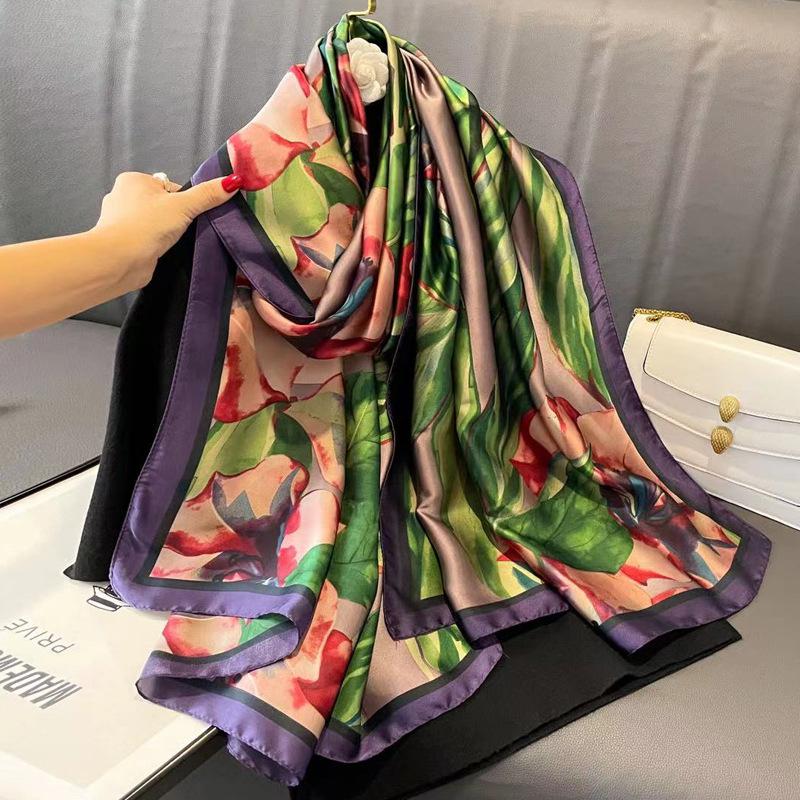 New Style Spring Summer Women Big Flower Print Scarf Ladies Popular Beach Silk Satin Shawl Fashion Headcloth